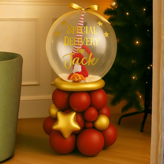 Burgundy & Gold Elf Bubble Stack Balloon with festive Christmas colors and personalized message, perfect for holiday décor.