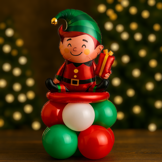 Christmas Elf Balloon Stack with elf foil balloon on red, green, white latex base, festive holiday display by The Party Hut Cheltenham.