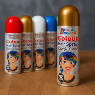 Temporary party hair colour spray cans in various vibrant colors for festive occasions on a wooden surface.