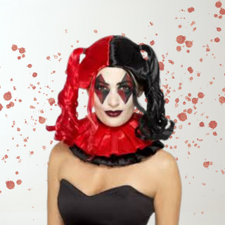 Harlequin Wig – Red & Black Pigtails | Adults Halloween Wig The Party Hut | Balloons, Fancy Dress & Party Supplies Cheltenham