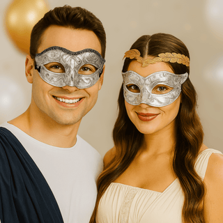 Couple wearing Silver Masquerade Eye Mask with baroque-inspired detailing for a Venetian style fancy dress event.