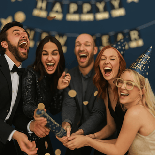 Happy New Year Confetti Cannon celebration with friends and gold confetti.