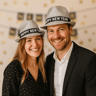 Couple wearing Happy New Year Silver Glitter Fedora Hat at NYE party