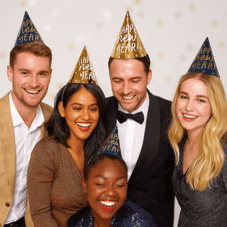 Group wearing Happy New Year Party Hats, gold and navy cone hats, celebrating New Year's Eve with smiles and style.