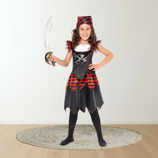 Girls Pirate Captain Costume – Red & Black Dress & Headscarf The Party Hut | Balloons, Fancy Dress & Party Supplies Cheltenham
