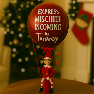 Festive Red Elf Arrival Balloon with cheeky elf, perfect Christmas decoration