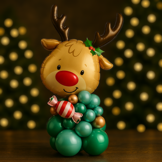 Festive Christmas Reindeer Balloon Stack featuring a red-nosed reindeer with holly accents, ideal for holiday decorations.