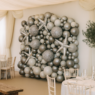 Luxury Chrome & White Balloon Wall - Organic Backdrop Display Add Starbursts & Disco Balls The Party Hut | Balloons, Fancy Dress & Party Supplies Cheltenham