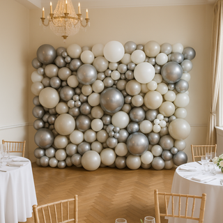 Luxury Chrome & White Balloon Wall - Organic Backdrop Display Standard Balloon Wall The Party Hut | Balloons, Fancy Dress & Party Supplies Cheltenham