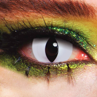Snow Beast Halloween Contact Lenses creating a chilling stare with icy white-and-blue design and beast-like pupil.