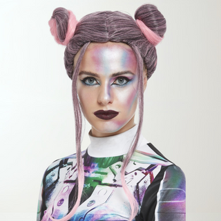 Space Buns Wig – Adults Futuristic Purple & Pink Wig The Party Hut | Balloons, Fancy Dress & Party Supplies Cheltenham