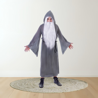 Adult wizard cloak costume with grey robe and belt, featuring a white-bearded figure standing on a round rug, fantasy themed.